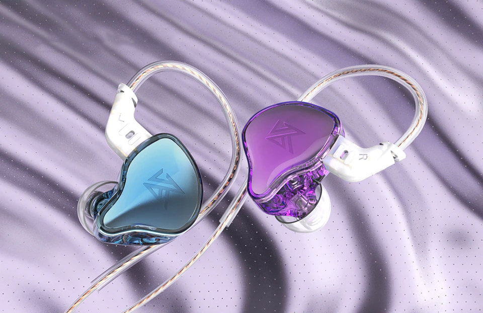 Blue and purple KZ EDC earphones on purple background