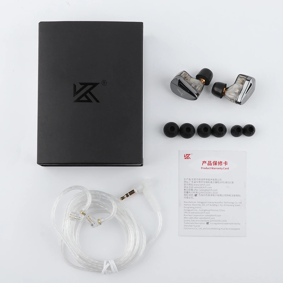 KZ AS10 PRO with box, cable, eartips, and warranty card