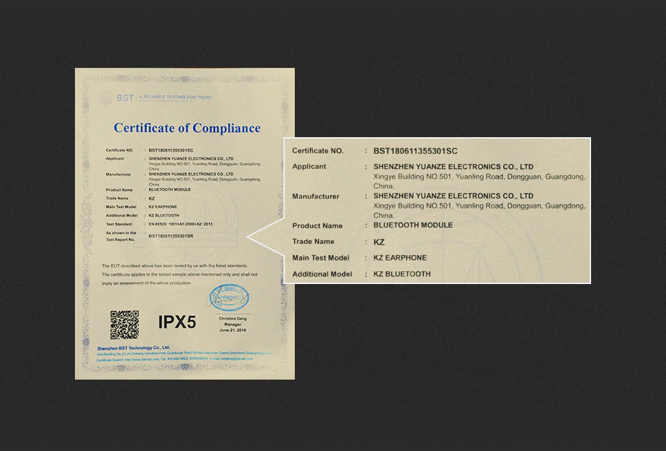 KZ Bluetooth 4.2 Cable Waterproof Grade Certificate