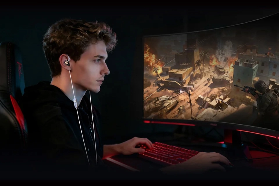 Gamer Wearing KZ Shadow Wing IEMs at PC