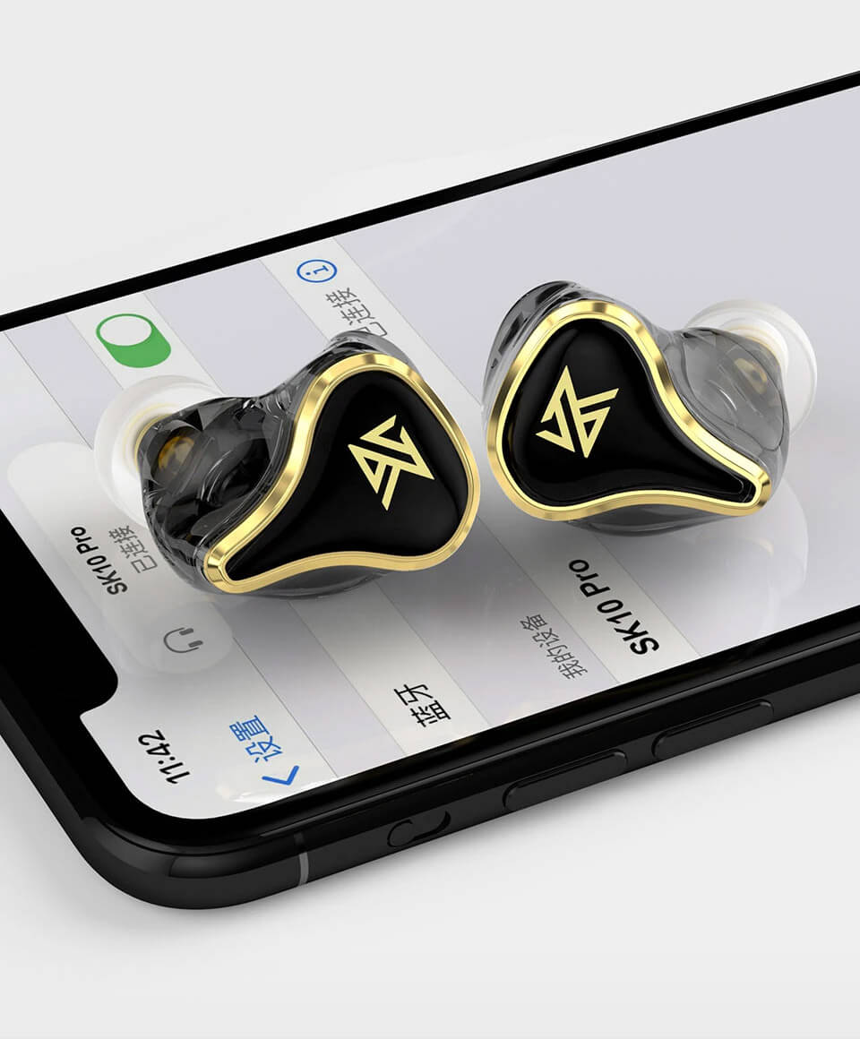 KZ SK10 Pro earbuds lie on a smartphone
