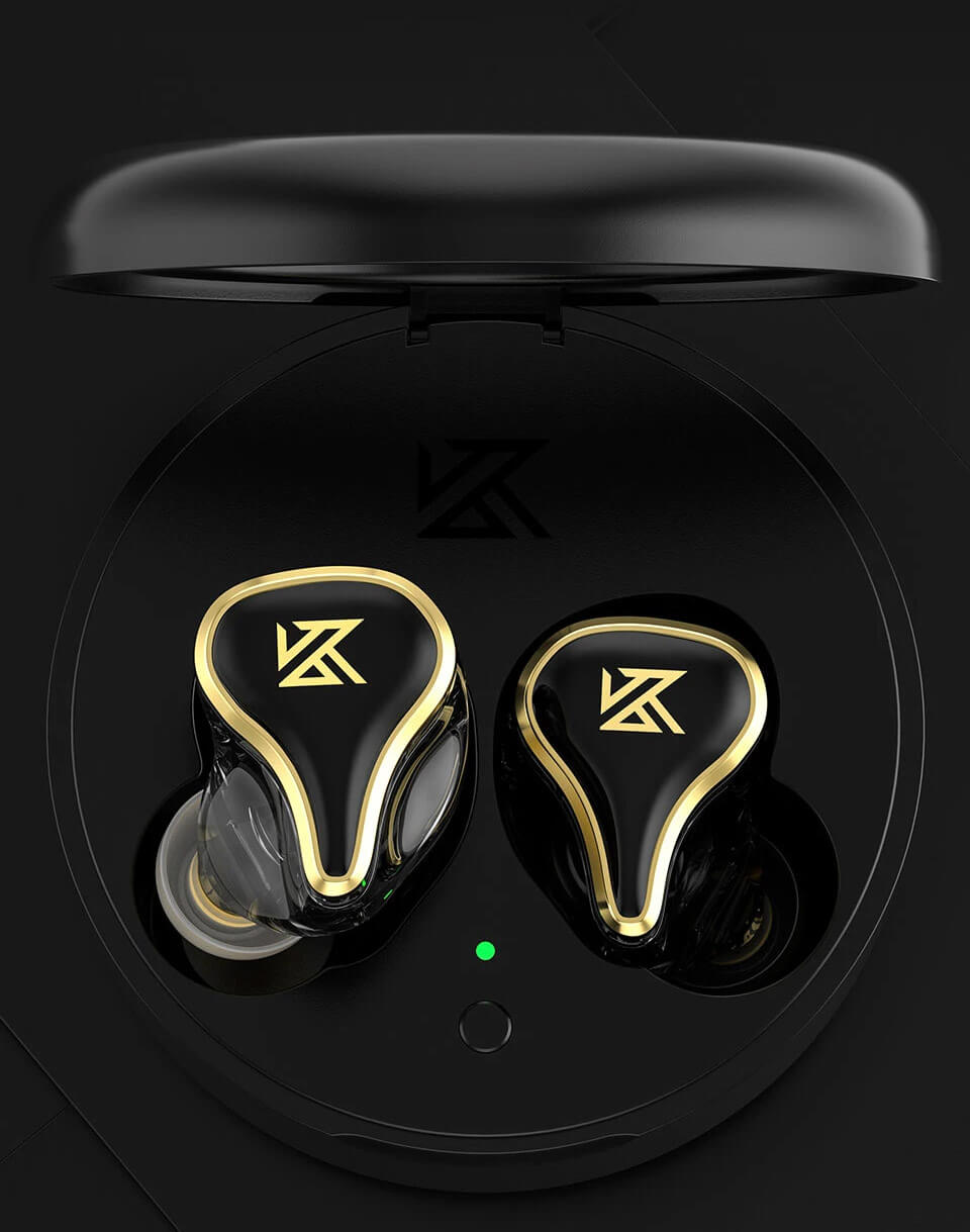 Top view of KZ SK10 Pro earbuds in the charging box