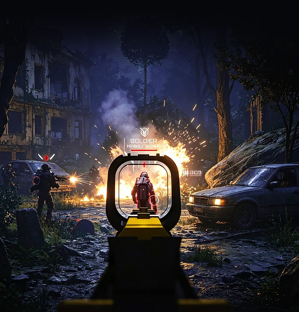 First-person shooter game scene with gunfire
