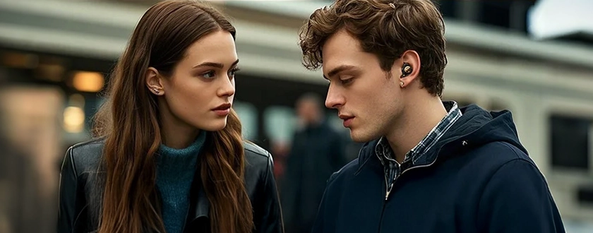 A man with KZ Xtra Pro earphones in his ear talks to a woman