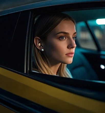 Woman with KZ Xtra Pro earphones in her ear is driving in a car